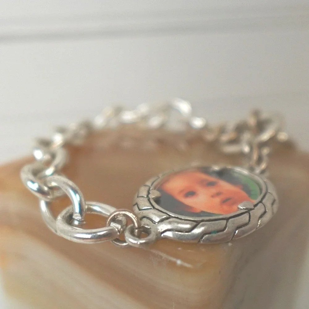 Y2K Photo Locket Charm Bracelet Silver Tone Picture Love Retro Chunk Jewelry